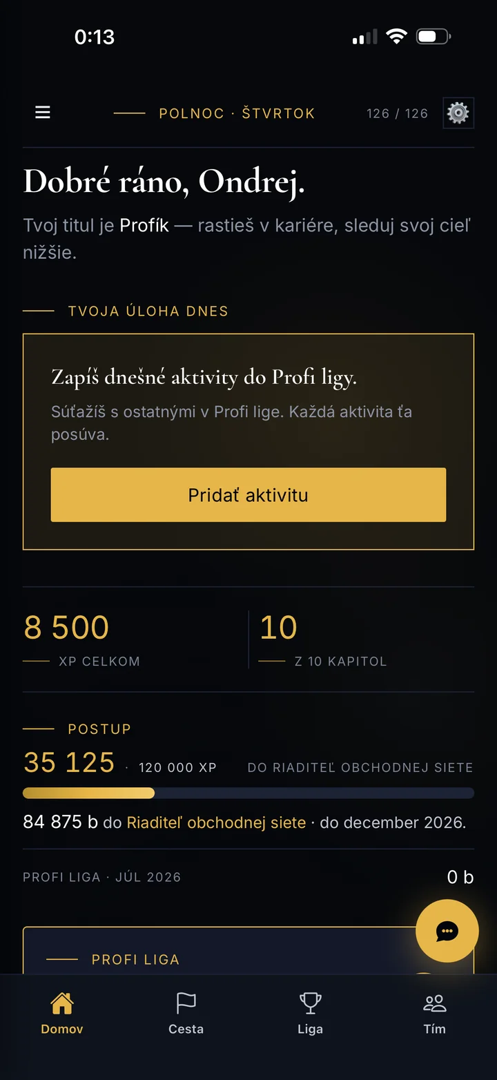 Domovská obrazovka aplikácie Riaditeľstvo 1063: dnešná úloha, body a postup v kariére